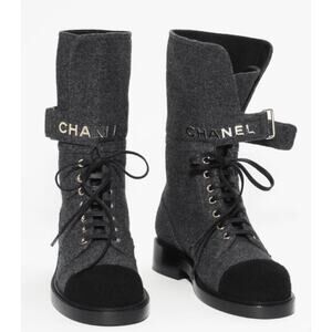 Chanel 2021 Interlocking CC Cap Toe Tweed Logo Combat Boots